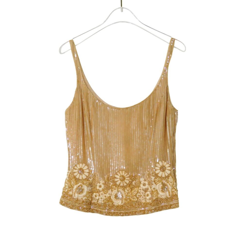 Vintage Escada Margaretha Ley Gold Sequin Beaded Blouse Floral Pattern Tank 36
